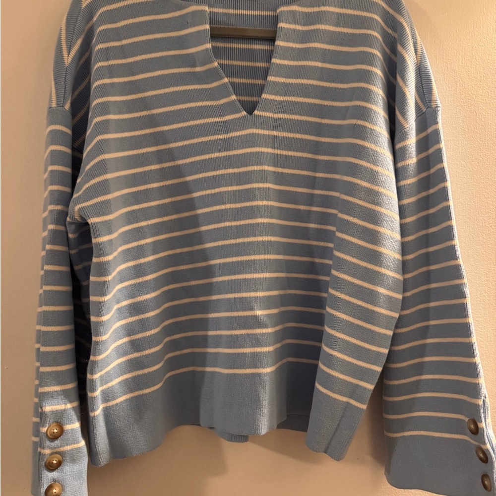 LOFT Blue and White V-Neck Sweater